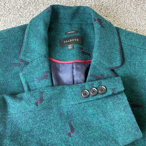 Talbots Aberdeen Green Herringbone Dog Print Blazer Womens Size 14 Preppy Career - Picture 1 of 5
